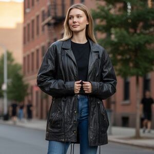 Vintage Cinched Waist Longline Black Leather Jacket